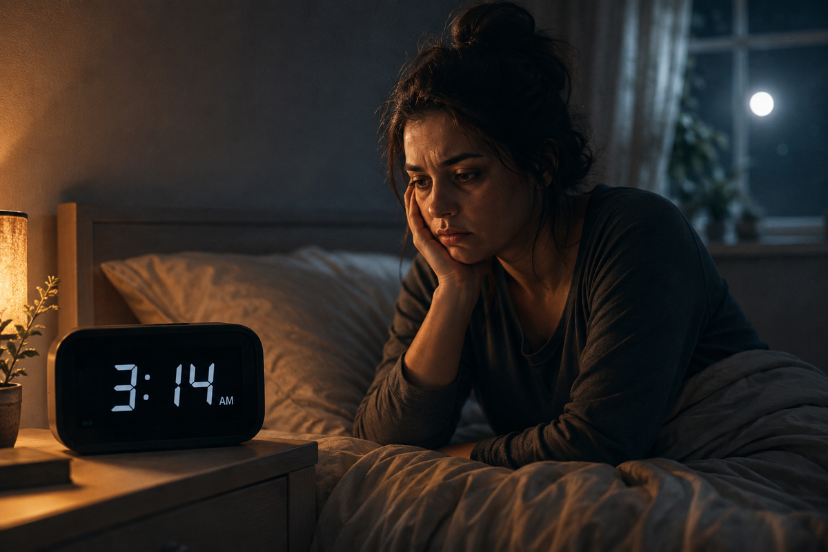 Woman awake in bed at 3:14 AM staring at the clock, unable to fall back asleep