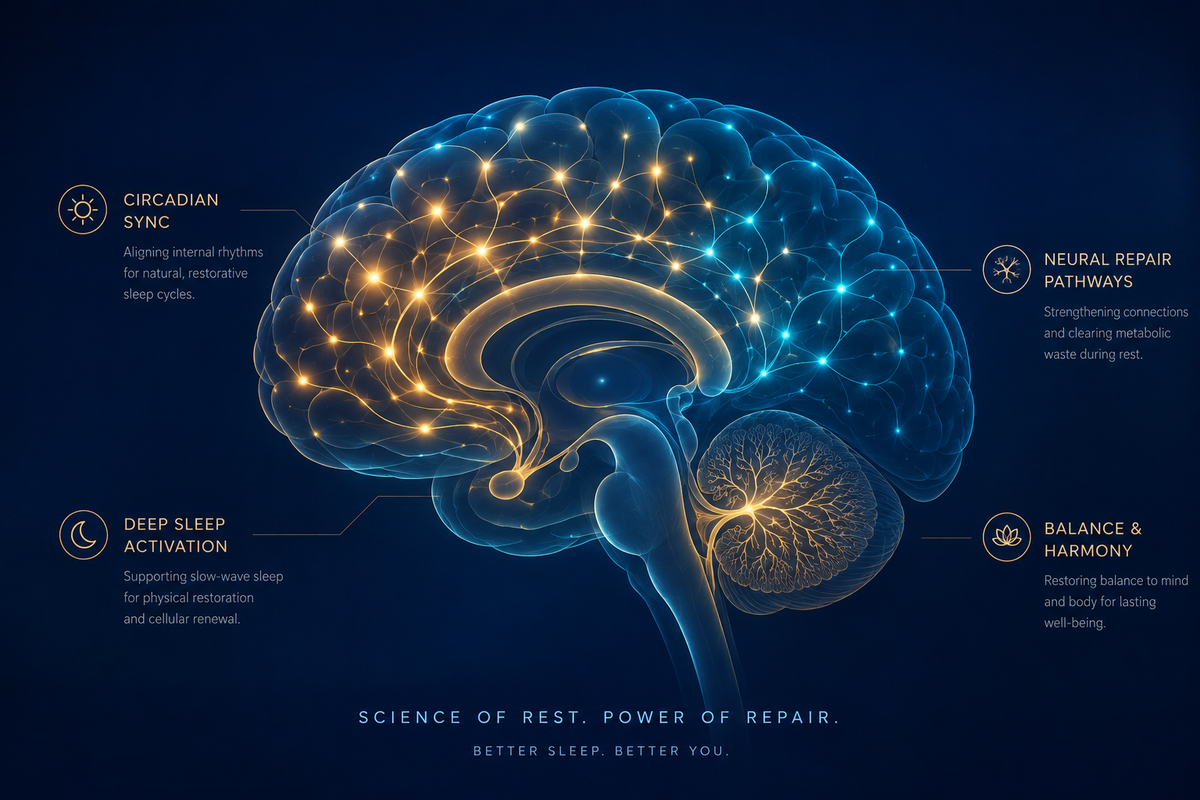 Sleep science illustration showing circadian timing and sleep stages